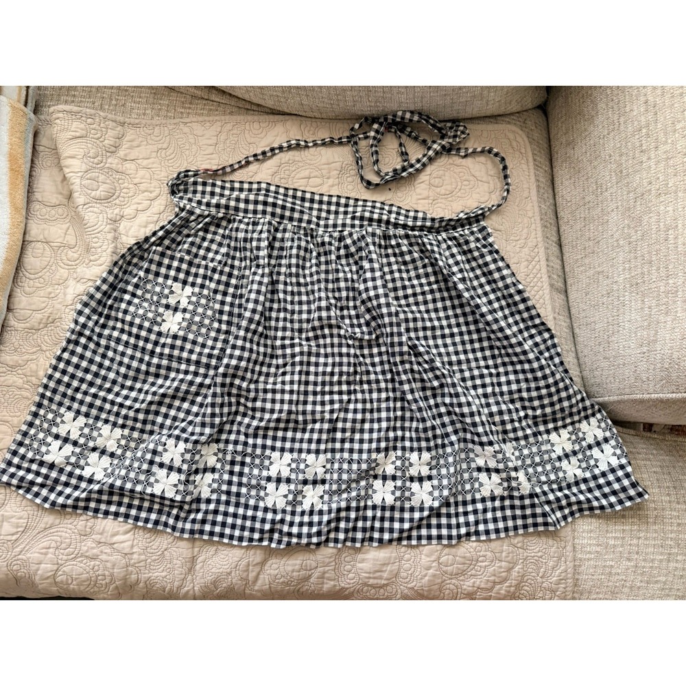 Vintage Black & White Checkered Women's Half Apron with White Cross Stitch